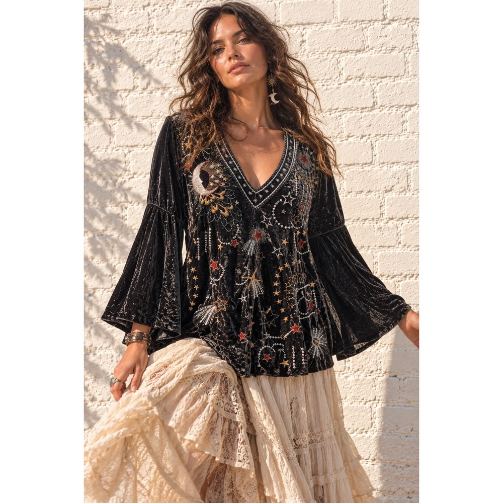 Johnny Was Gray Silk Blend Velvet Callisto Celestial Embroidered Top XS